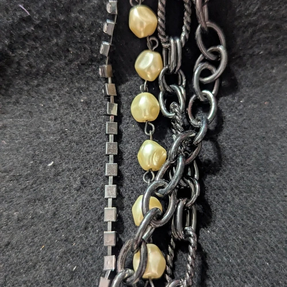Gunmetal Black Cream Faux Pearl Clear Rhinestone Statement Waist Chain Belt